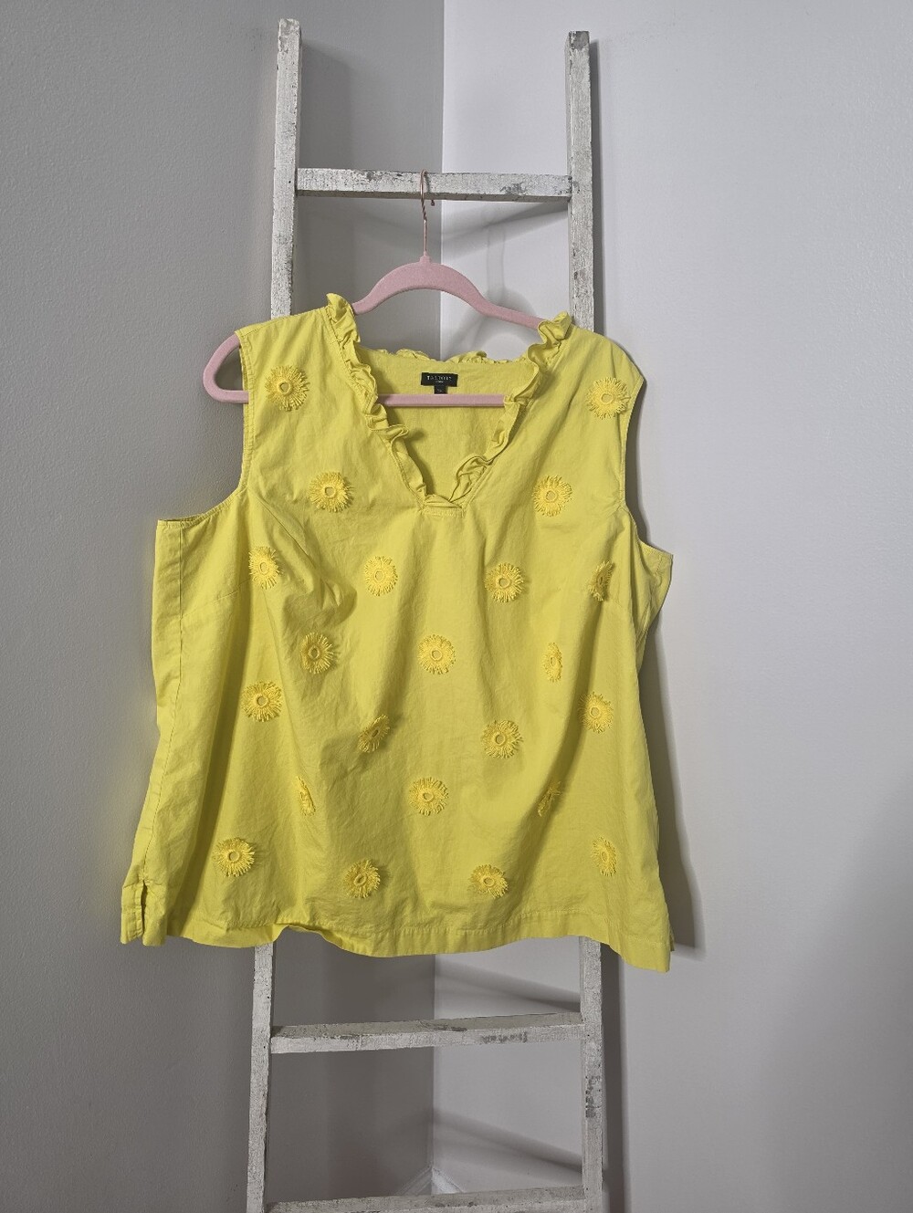 Talbots Women's 2x Sunshine Yellow Ruffle Neck 100% Cotton Sleeveless Top
